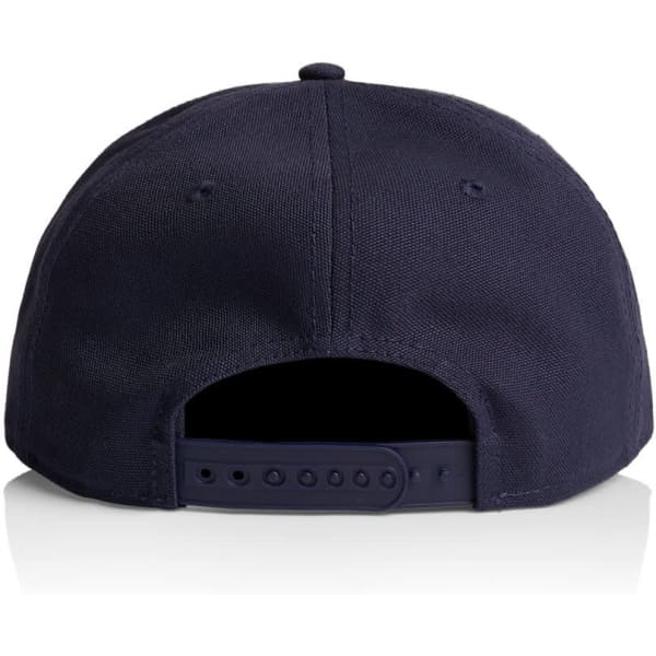 A navy blue cap featuring a back snap closure and a logo on the side.
