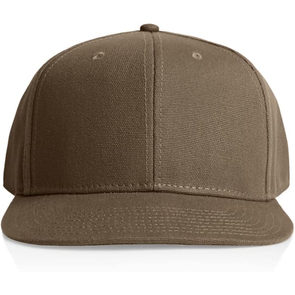 A brown canvas cap with a flat brim and six-panel structure, featuring a logo on the front.