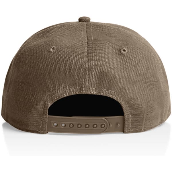 A brown canvas cap featuring a snapback closure and with a branding logo on the back.