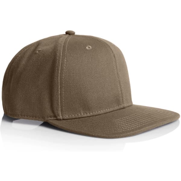 A brown stock canvas cap featuring a flat brim and six-panel construction, with a branding logo.