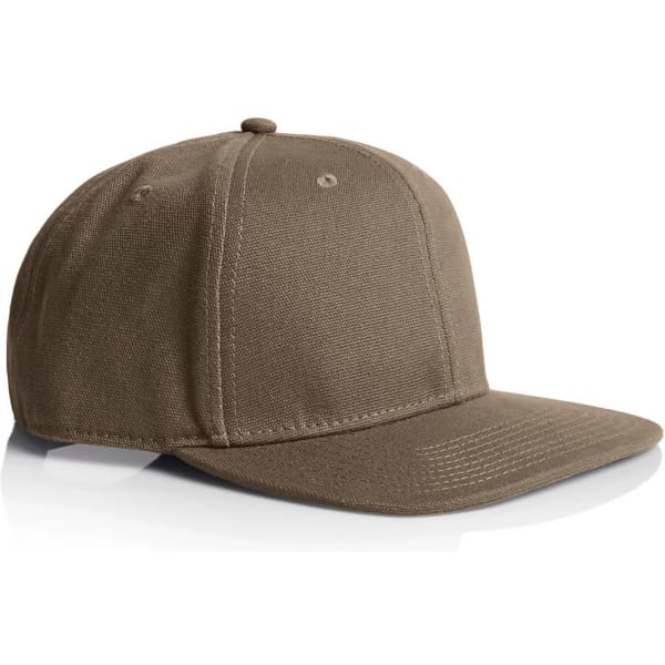A stock canvas cap in a muted olive green colour with a structured design and flat brim. Features a logo on the side.