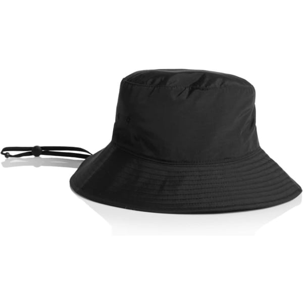 A black nylon wide brim bucket hat with an adjustable drawstring and a simple design.