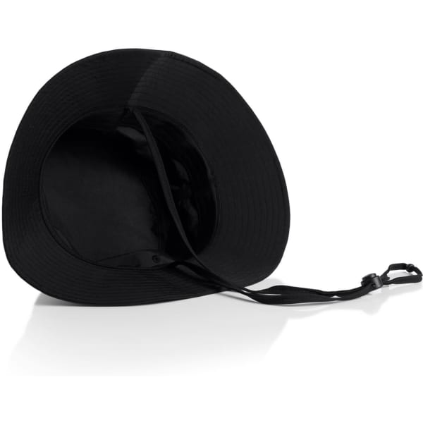 A black nylon wide brim bucket hat with an adjustable strap and a smooth interior.