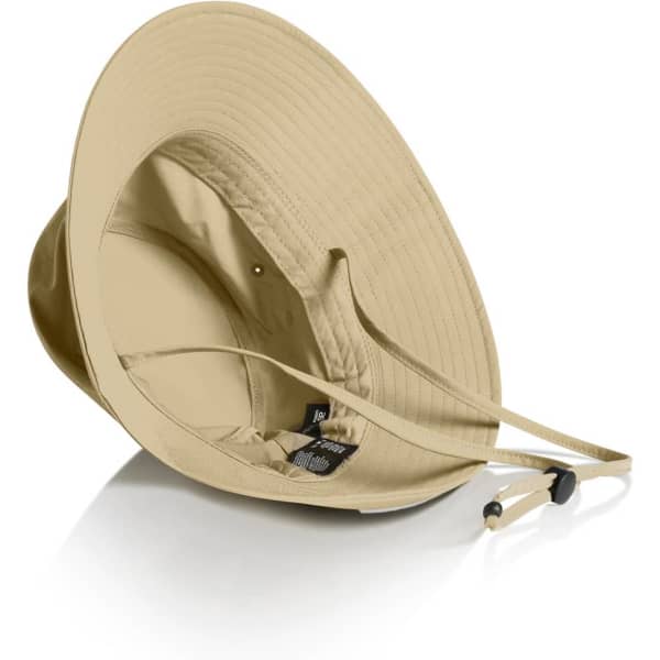 A beige nylon wide brim bucket hat with an adjustable strap and an internal lining. It features a brand logo.
