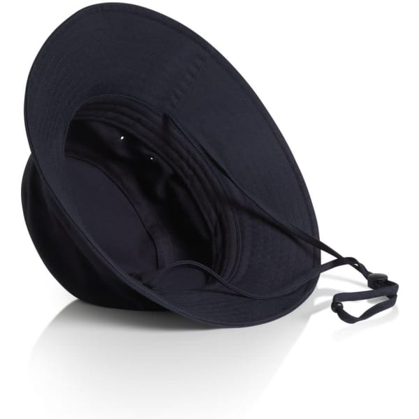 A navy nylon wide brim bucket hat with a drawstring and an inner lining. It features a logo.