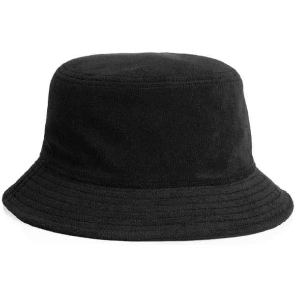 A black Terry Bucket Hat with a soft texture and a wide brim, featuring a branding logo.