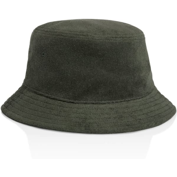 A green Terry Bucket Hat with a wide brim and soft texture, featuring a simple design and a logo.