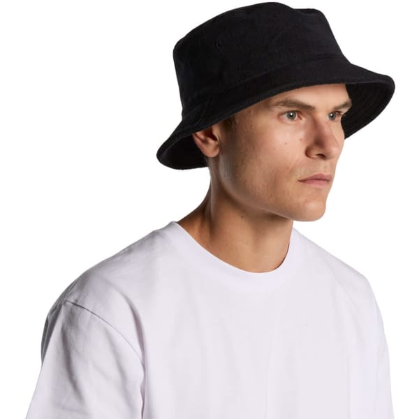 A black Terry Bucket Hat with a wide brim, displayed on a model wearing a white T-shirt.