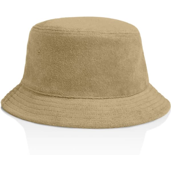 A tan Terry Bucket Hat with a soft, textured surface and a wide brim. It has a logo on the side.