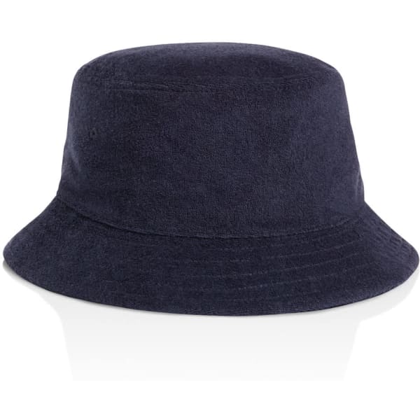 A navy terry bucket hat with a wide brim and soft texture, featuring a logo on the side.