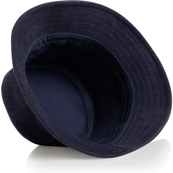 A navy Terry Bucket Hat featuring a wide brim and a soft interior, designed for comfort with a logo inside.