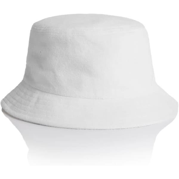 A white Terry bucket hat with a wide brim and a textured finish, featuring a logo.