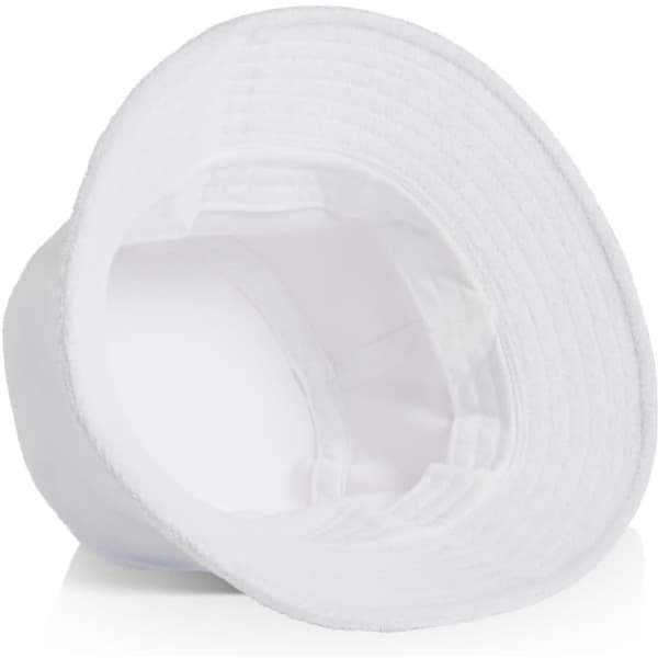 A white Terry Bucket Hat with a soft, textured interior and a wide brim. Features a logo on the exterior.