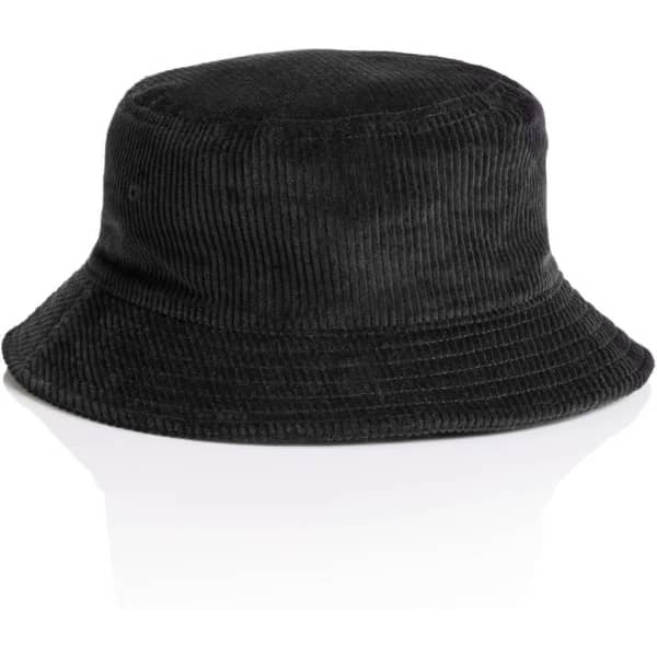 A black cord bucket hat with a soft, textured fabric and a wide brim. It features a logo on the side.
