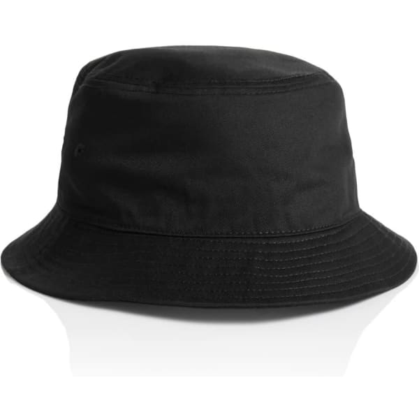 A black bucket hat with a wide brim, featuring a simple design and an unobtrusive logo.