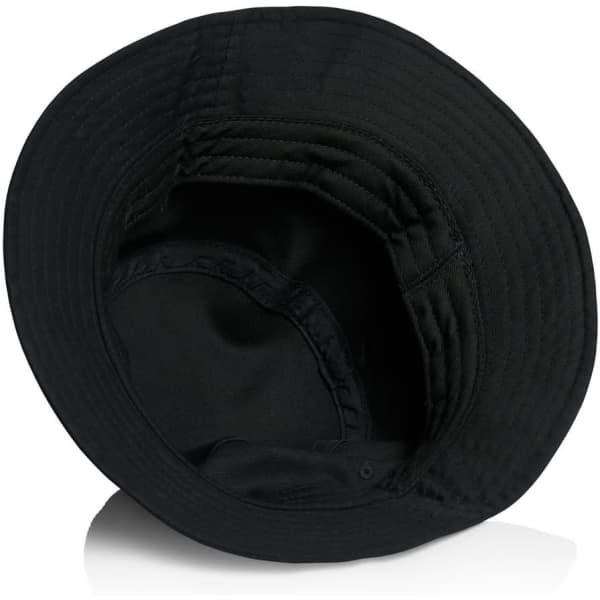 A black bucket hat featuring a wide brim and a smooth inner lining. The hat has a logo.