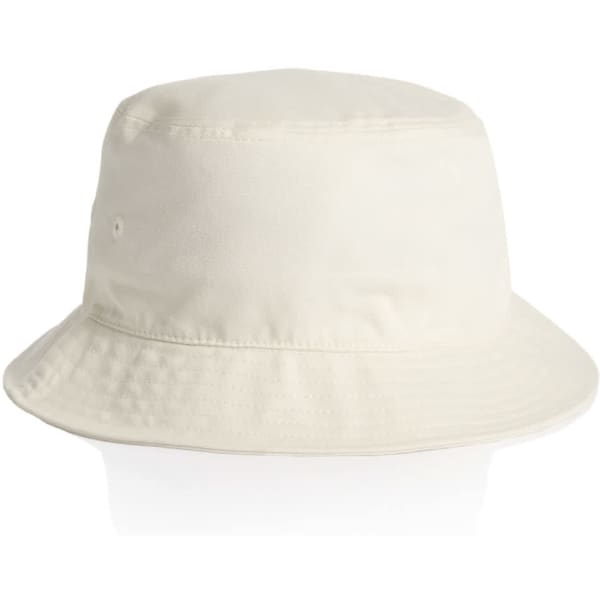 A cream bucket hat with a wide brim and a simple design, featuring a logo on the side.