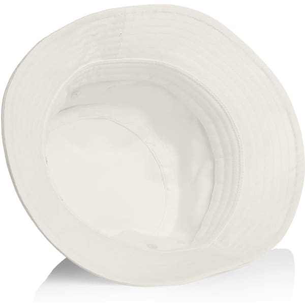 A white bucket hat with a wide brim and a logo inside. The interior appears smooth and unadorned.