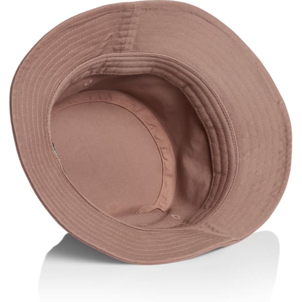 A tan bucket hat with a wide brim and inner lining, featuring a logo on the inner band.