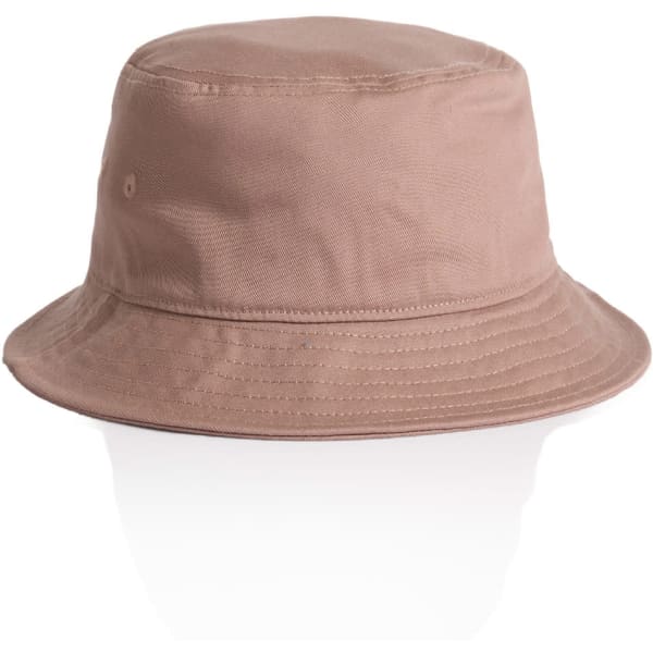 A beige bucket hat with a wide brim and a logo on the side. Soft texture and casual style.