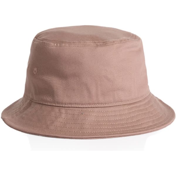 A bucket hat in a soft beige colour with a wide brim and a simple design. It features a logo on the side.