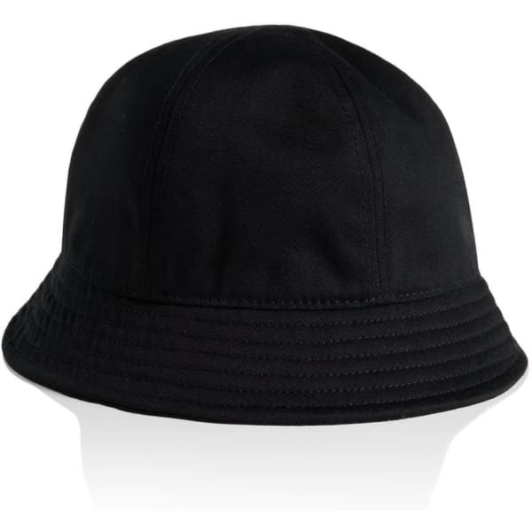 A black bucket hat with a textured brim and a logo. Ideal for headwear collections.