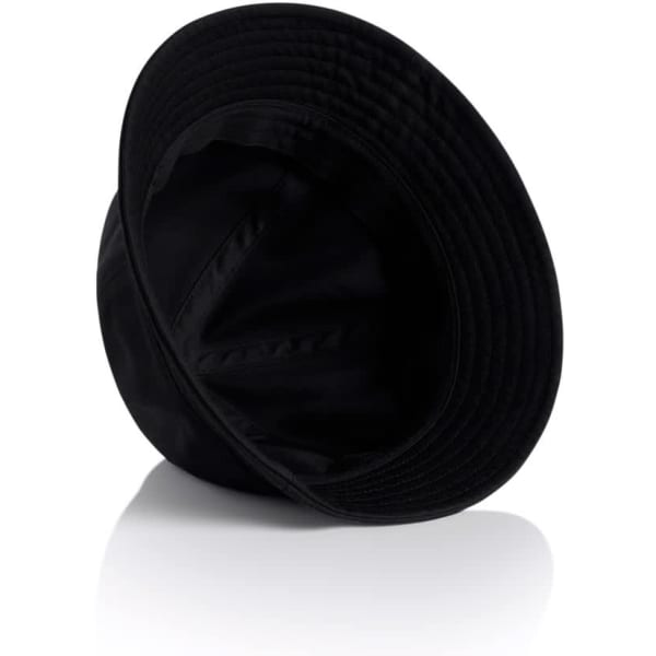 A black brim bucket hat featuring a wide brim and a simple design, with an interior view showcasing its structure.