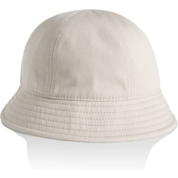 A beige bucket hat with a wide brim and stitched detailing, featuring a branding logo.