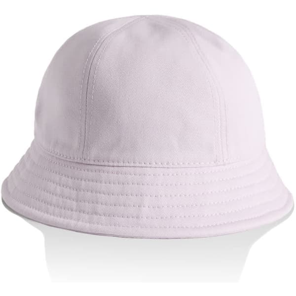 A light lavender bucket hat with a wide brim and stitched detailing. Features a logo on the side.