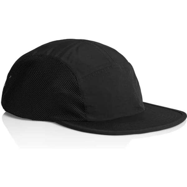 A black cap featuring a mesh side panel and a curved brim, with a logo present on the fabric.