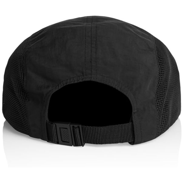 A black cap with a mesh backing and an adjustable strap at the back, featuring a brand logo.