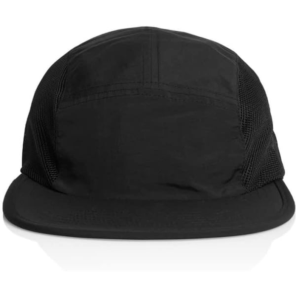 A black cap featuring mesh panels and a curved brim. It has a logo on the front.