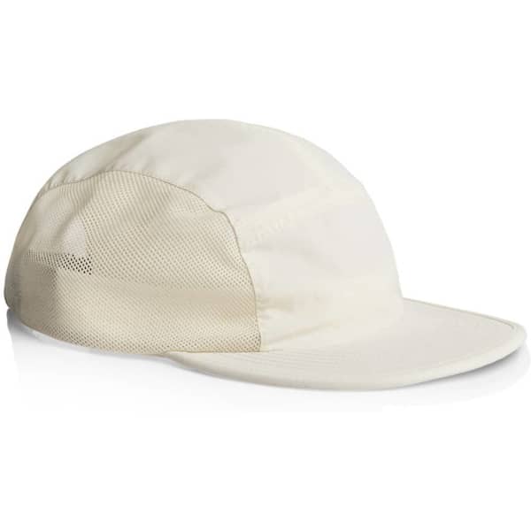A light cream cap with a mesh design on the sides and a curved brim, featuring a logo.