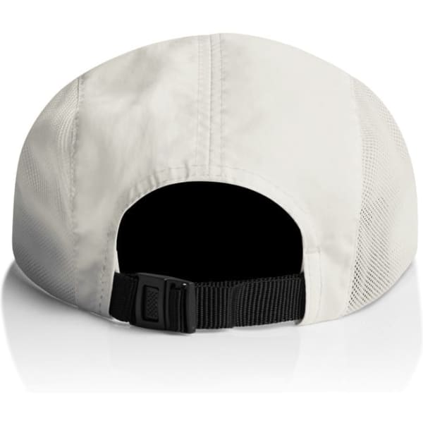 A light grey cap with a black adjustable strap at the back and a logo on the side.