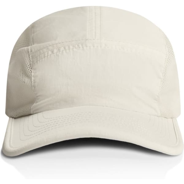 A cap in a light beige colour with a structured design and a logo on the front.