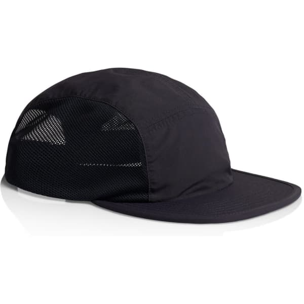 A black cap with mesh sides and a curved brim, featuring a logo on the front.
