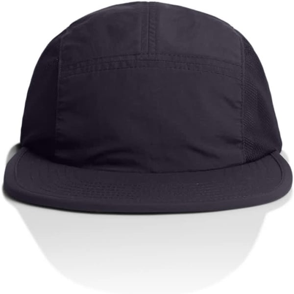 A black cap with a flat brim and a logo, featuring a lightweight fabric design.