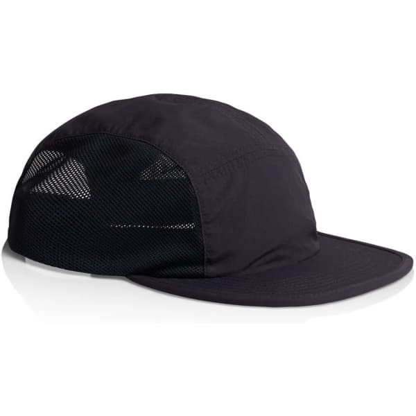 A black cap with a mesh back and a visor, featuring a logo on the front.