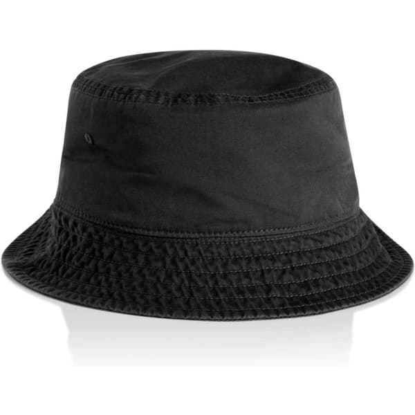 A black faded bucket hat featuring a textured brim and subtle branding.