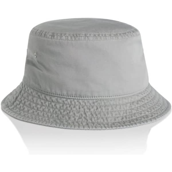 A light grey bucket hat with a wide brim and a textured band. It features a logo.