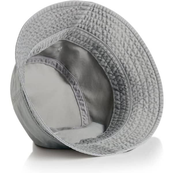 A faded grey bucket hat with a wide brim, featuring an inner lining and a textured design. It has a logo inside.