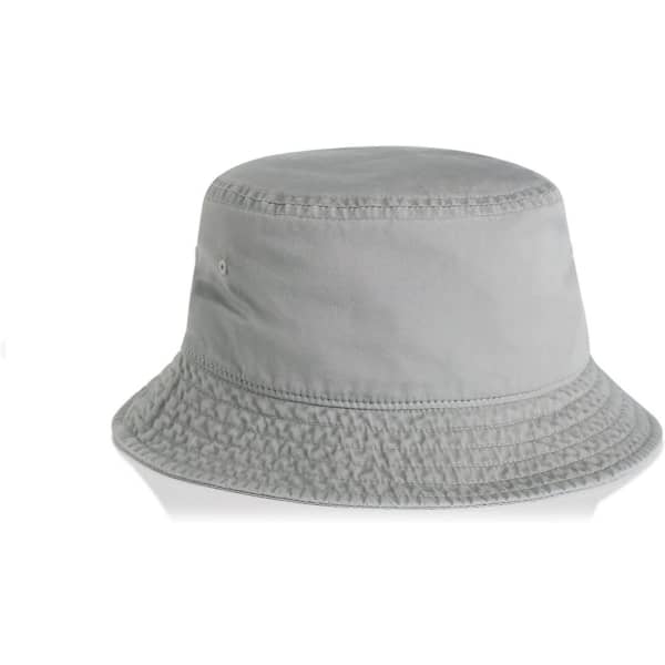 A faded grey bucket hat with a circular brim and a simple design. It features a logo on the side.