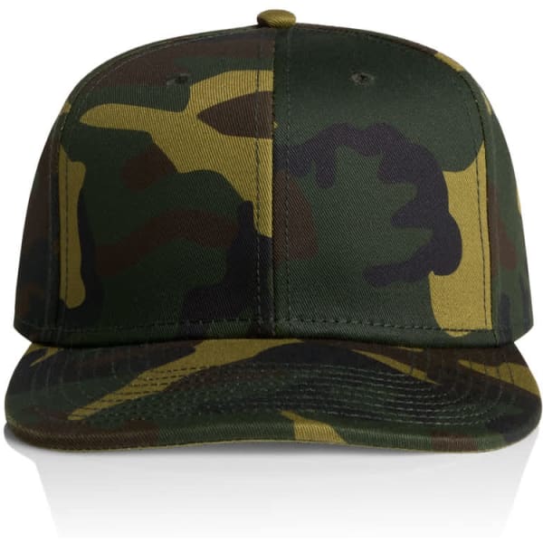 A camo cap in green, brown, and tan tones with a flat brim and adjustable strap. Includes branding on the side.