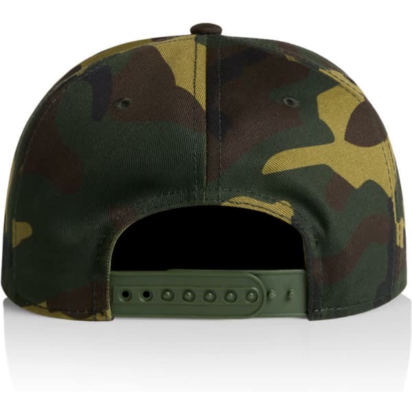 A camo cap featuring a green, brown, and yellow camouflage pattern. It has an adjustable strap at the back and a logo.