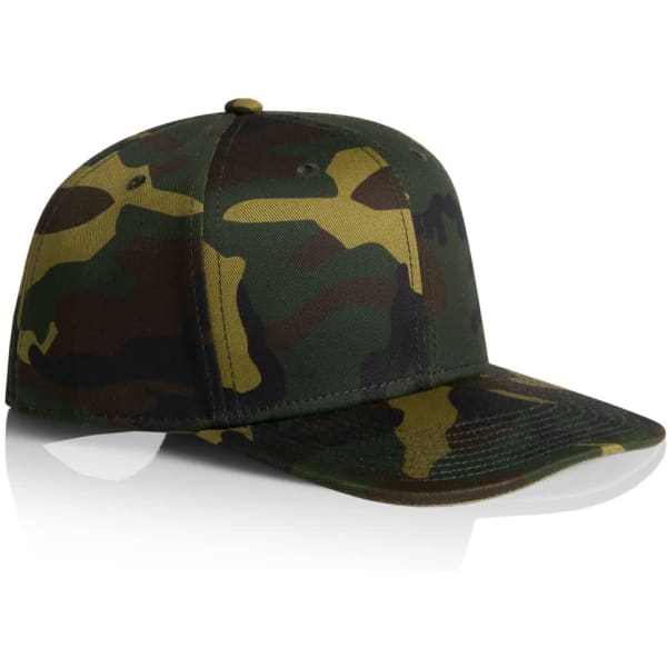 A camouflage cap in green and yellow hues with a structured design and a logo on the front.