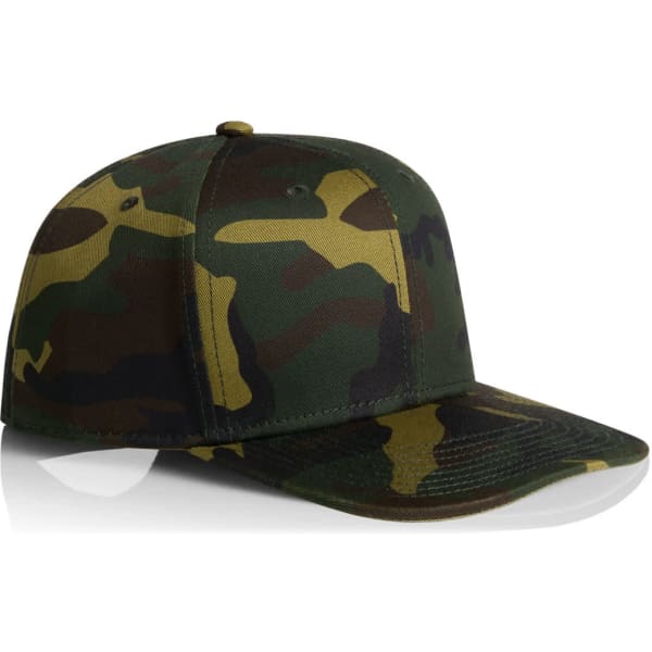 A camouflaged cap in green and brown tones with a flat brim and adjustable back. Features a logo on the side.