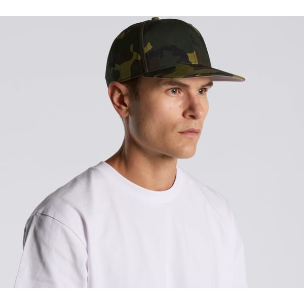 A cap featuring a green and black camo pattern, with a structured fit and a branded logo.