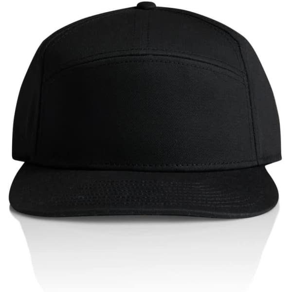 A black 7-panel cap with a flat brim and a logo on the front.