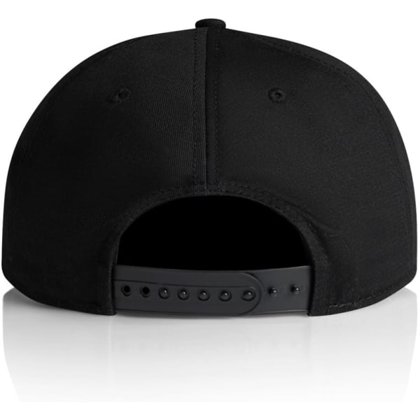 A black 7-panel cap featuring a snapback closure at the rear and a smooth texture.