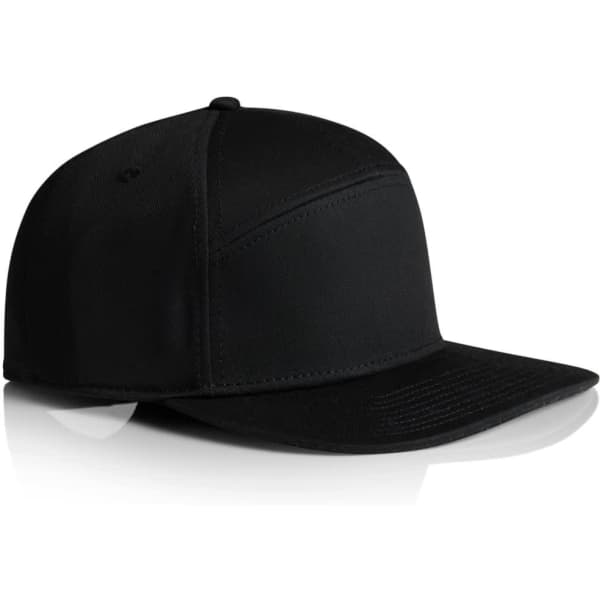 A black 7-panel cap featuring a curved brim and a structured design, with a logo on the side.